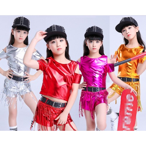 Kids jazz street dance hiphop dance outfits for girls red gold pink silver modern dance performance school competition top and shorts costumes